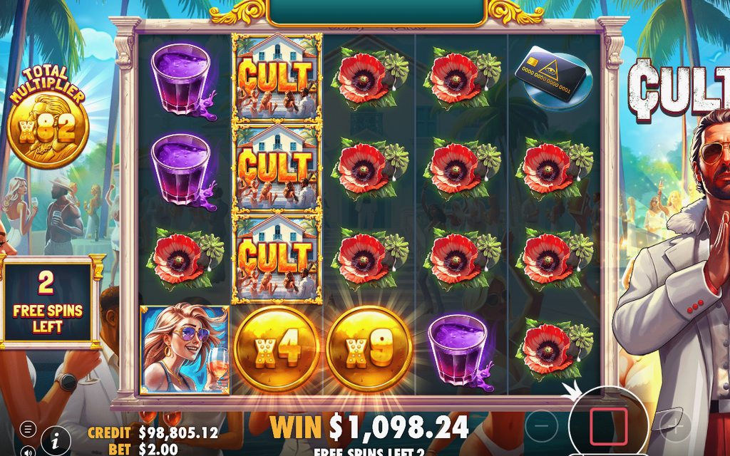 Free Spins-läget i CULT, där totalmultiplikatorn byggs upp.